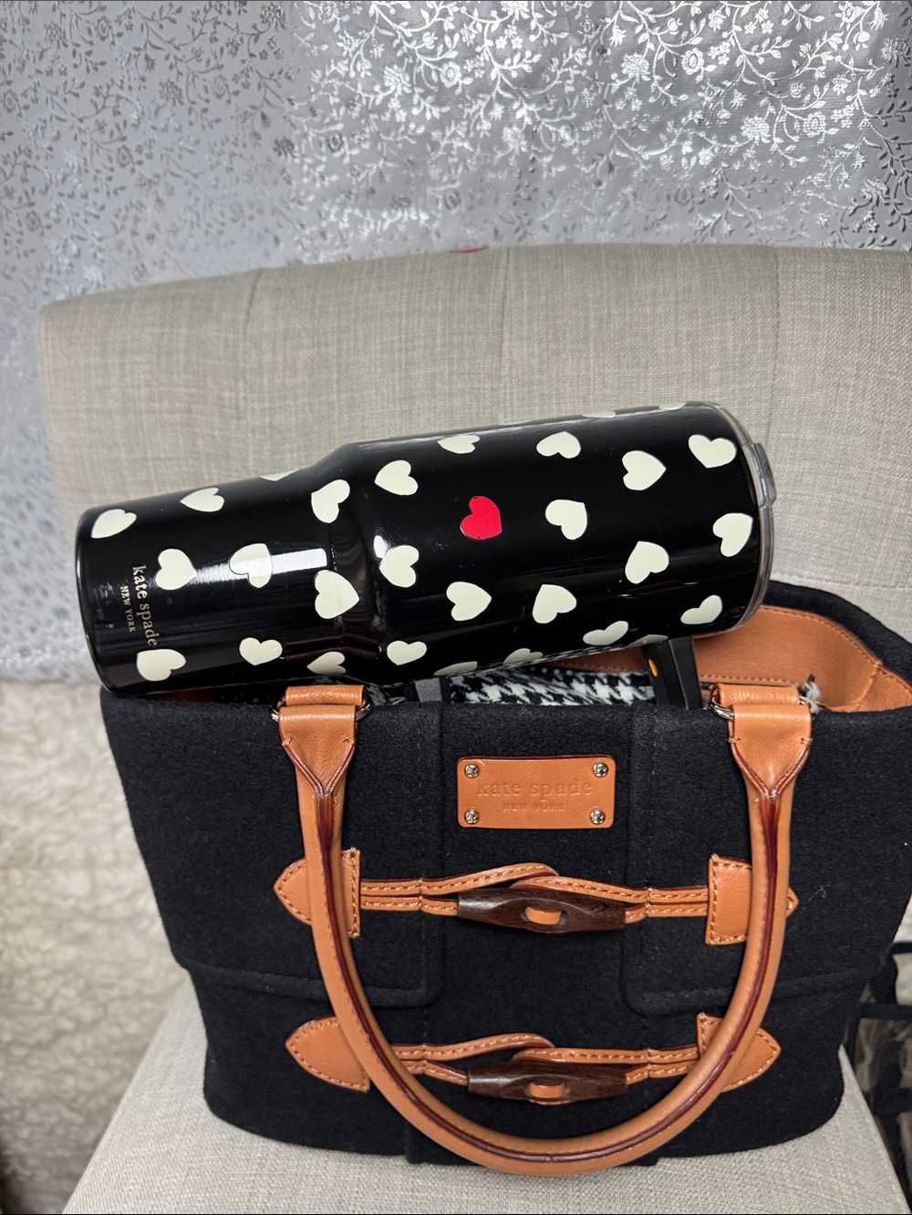 kate spade Black Wool Tote with Tan Leather Trim and Toggle Accents - Picture 1 of 7
